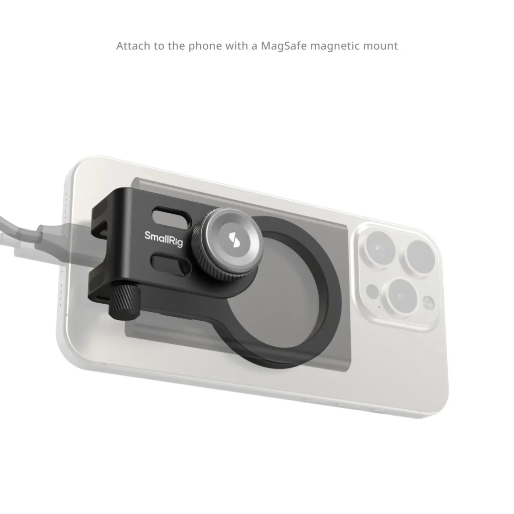  Smallrig 4779 compatible con dispositivos que no cuentan con el sistema magnético Magsafe, gracias a un anillo que incluye con su soporte. El soporte se puede girar para evitar tapar la cámara.