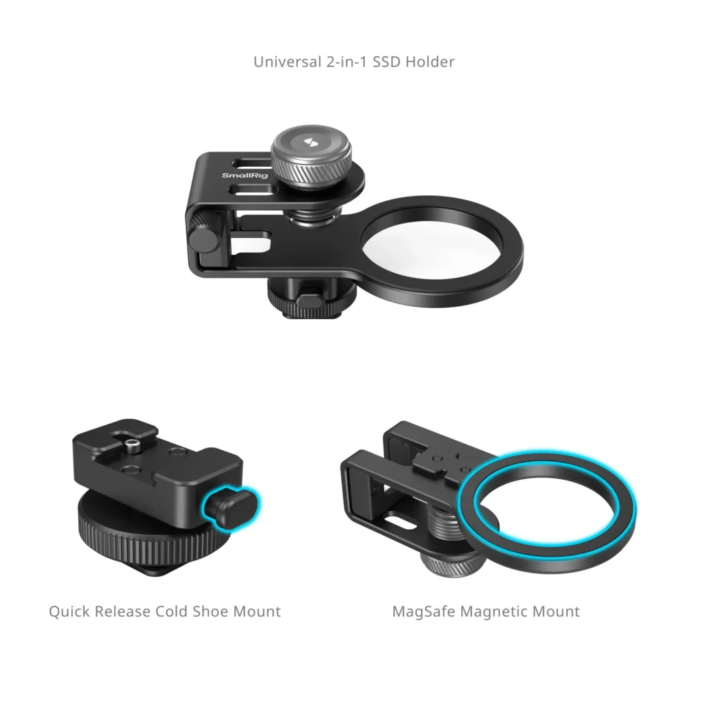  SmallRig 4779. Soporte compatible con dispositivos móviles, ordenadores portátiles, tablets, incluso para cámaras gracias a que incluye una zapata fría, SmallRig al añadir este detalle permite que el soporte se pueda instalar en trípodes, o brazos mágicos de fotografía. Su sistema de sujeción es muy sencillo, consiste en un tornillo que mantiene en su sitio el ssd o cualquier otro dispositivo que se quiera usar. 