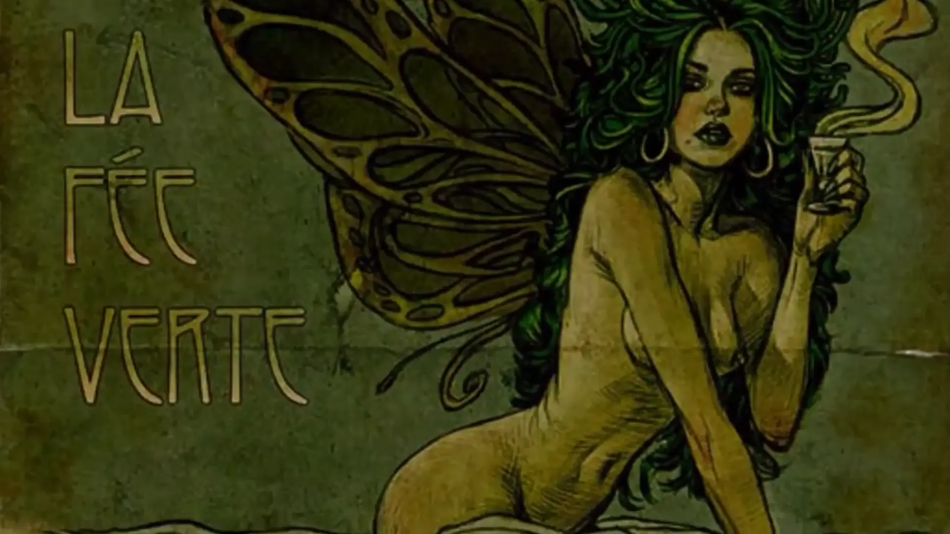 THE GREEN FAIRY (2016) póster de la película. HADA con cabello verde y un vaso con absenta. La fée verte  