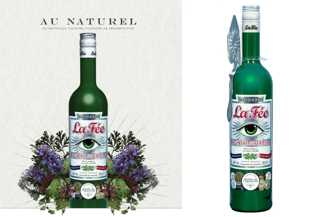  Cartel Absenta La Fee Parisienne. La Fee Parisienne Absinthe 700ml 68% Vol. Absenta Verde Superior 100% natural. Incluye cuchara marca la "Fée". 