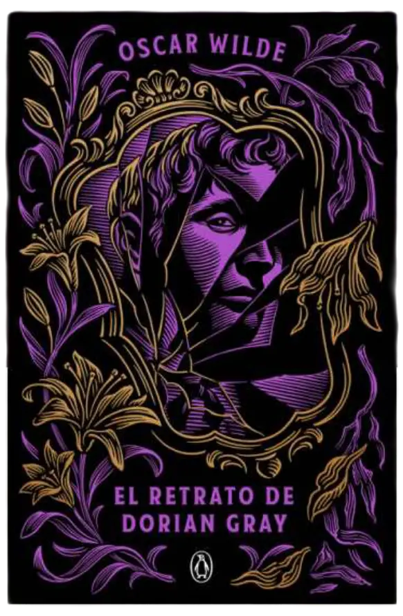  Portada de "El retrato de Dorian Gray" Editorial: Penguin Clásicos góticos. Portada con tonos violeta y dorado.
