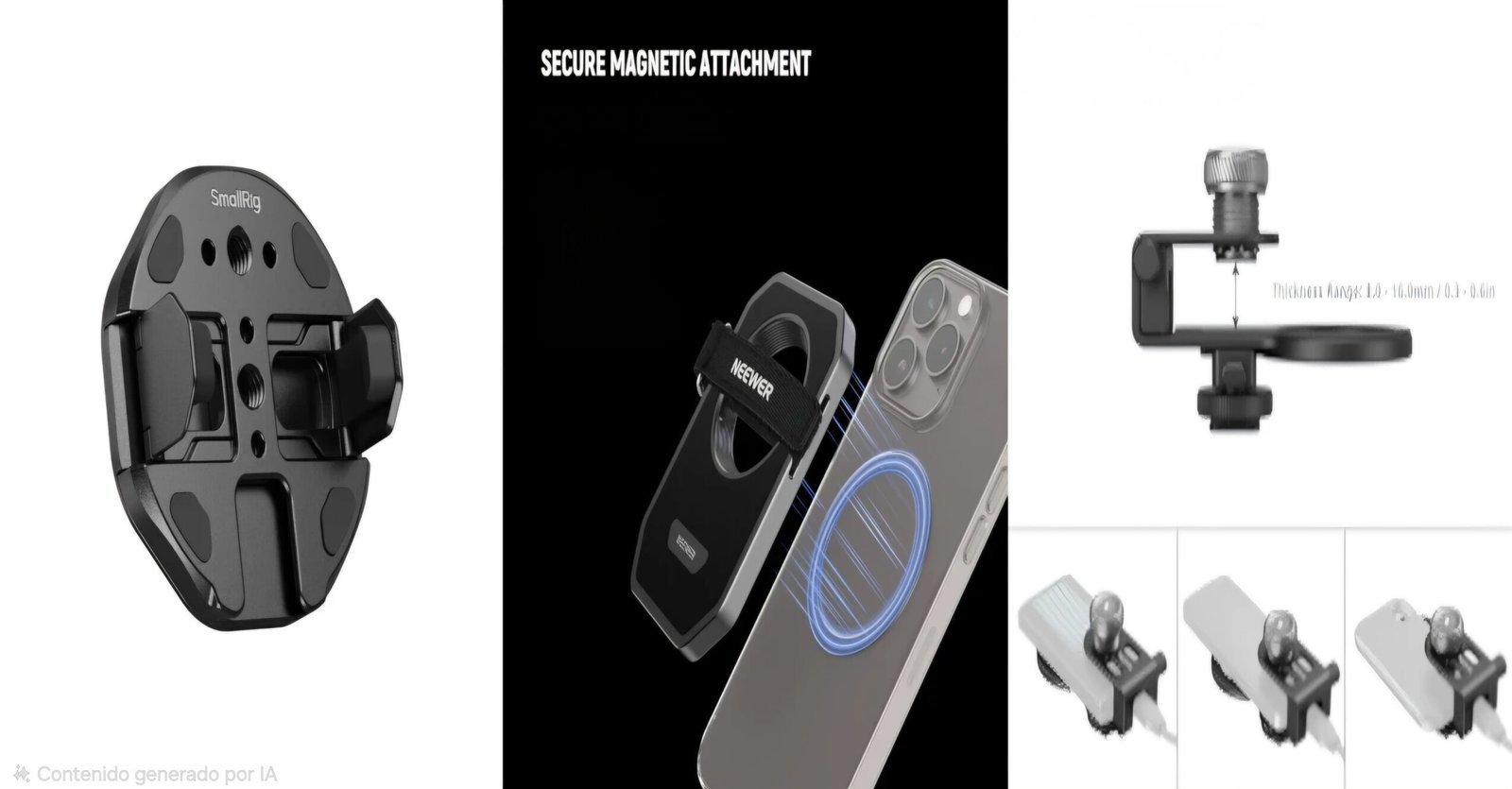 En la imagen se pueden ver 3 soportes magnéticos, todos incluyen anillo magnético, por lo tanto, son compatibles con cualquier dispositivo: desde teléfonos móviles hasta ordenadores portátiles. Los soportes son de las marcas Smallrig y Neewer, dos gigantes en la fabricación de accesorios para fotografía: trípodes, brazos mágicos, zapatas frías, baterías externas y un largo etcétera de gadgets, todos de excelente calidad y precio.