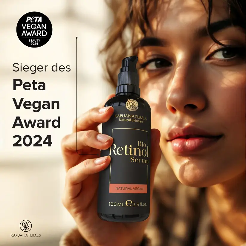 IMÁGEN PUBLICITARIA, RETINOL, ROSTRO DE MUJER. ENVASE RETINOL NEGRO, CON DODIFICADOR. GALARDONADO: PETA VEGAN AWARD 2024
