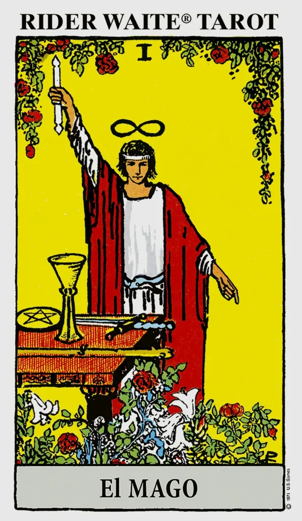  Rider Waite Tarot Cards Deck. CARTAS DE TAROT. EN LA PORTADA PODEMOS VER A EL MAGO, CON EL SIGNO DEL INFINITO SOBRE SU CABEZA, SU BRAZO DERECHO ESTÁ LEVANTADO Y EN SU MANO PORTA UNA VELA ENCENDIDA.