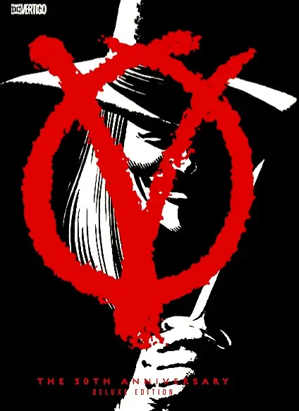 LIBRO V FOR VENDETTA. EN LA PORTADA SE PUEDE VER A EL PROTAGONISTA "V", Y UNA V DENTRO DE UN CÍRCULO QUE RECUERDA A LA "A" DE ANARQUÍSTA.